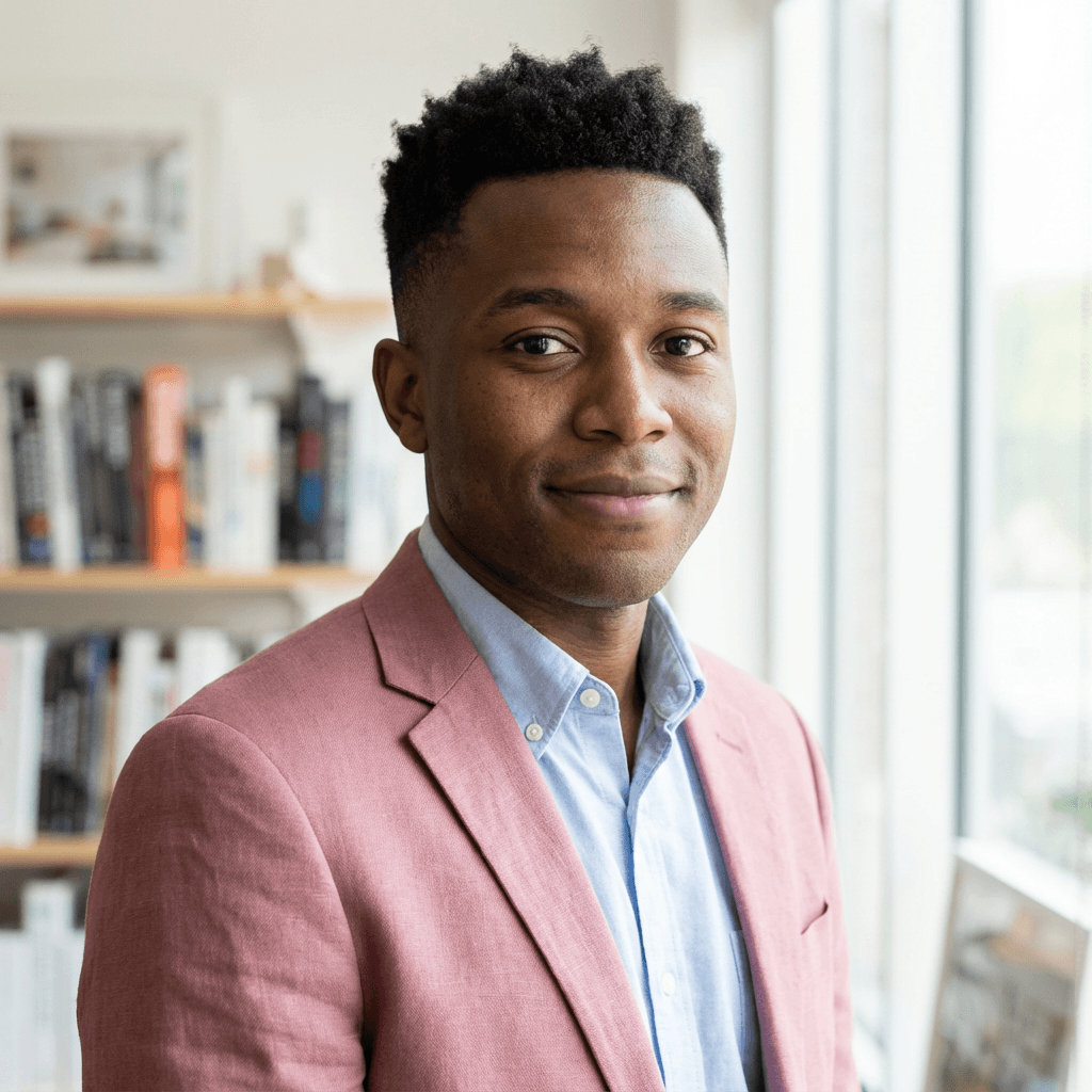 Male founder in his mid 30s, white, confident and approachable