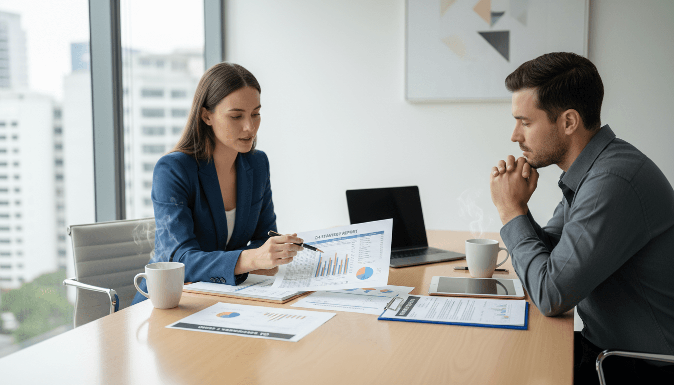 Consultant reviewing a process document with a business owner at a modern conference table