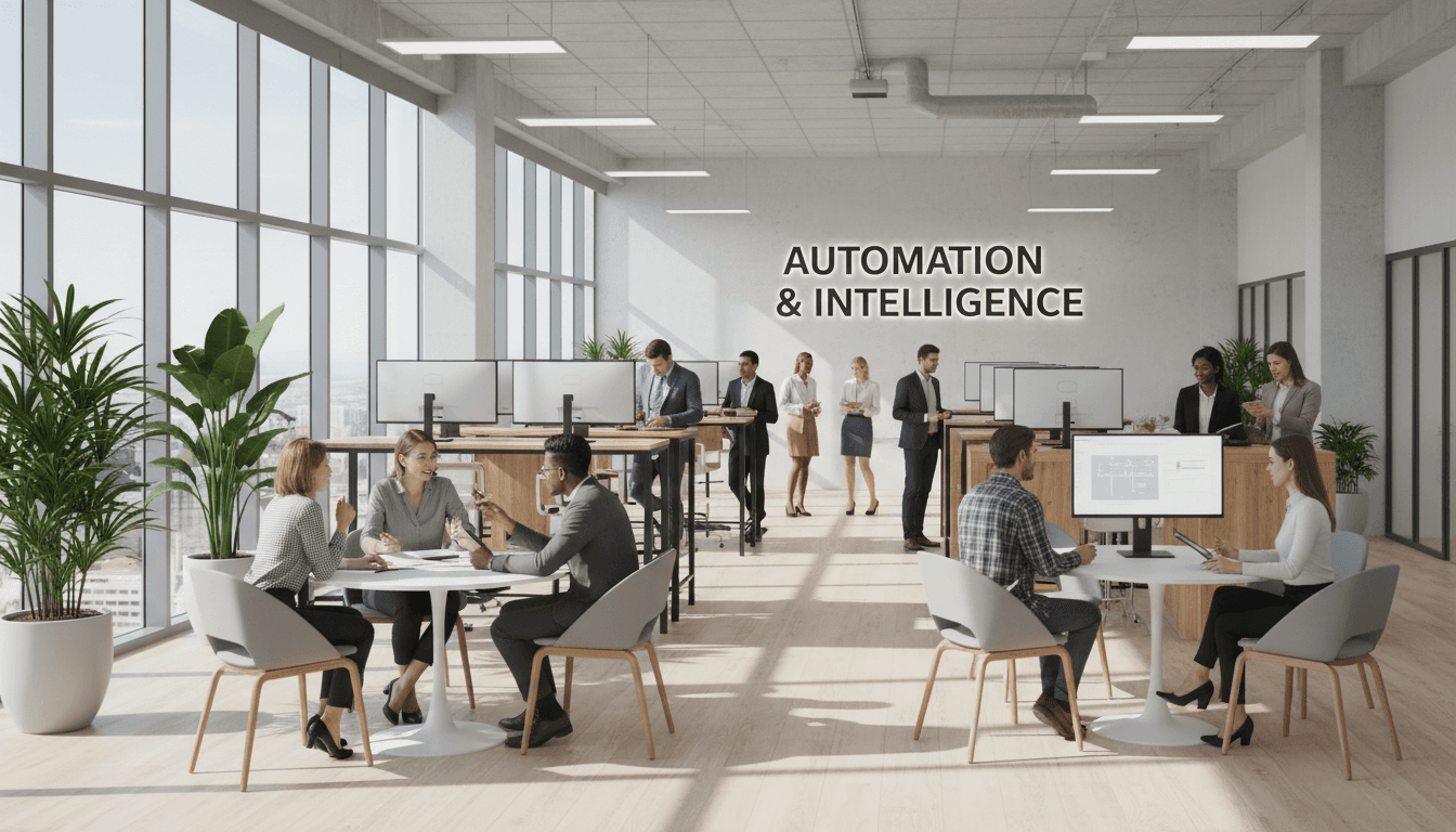 Modern open plan office with team collaborating around table with warm natural light