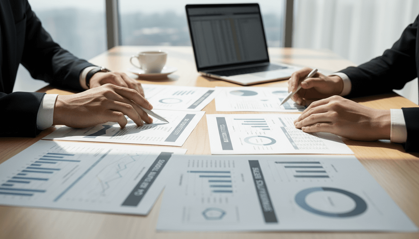 Business owners reviewing organizational strategy in a bright office