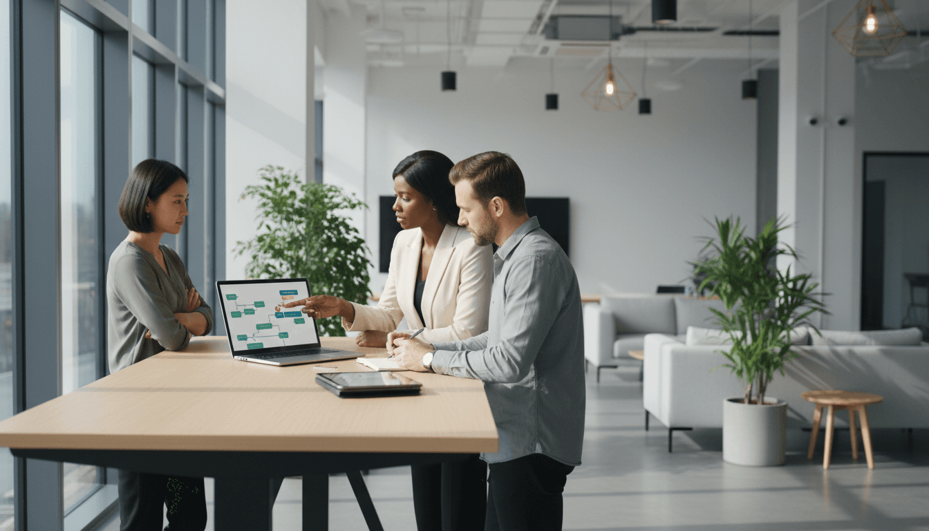 A founder presenting a new automated order routing system to a focused team of five.