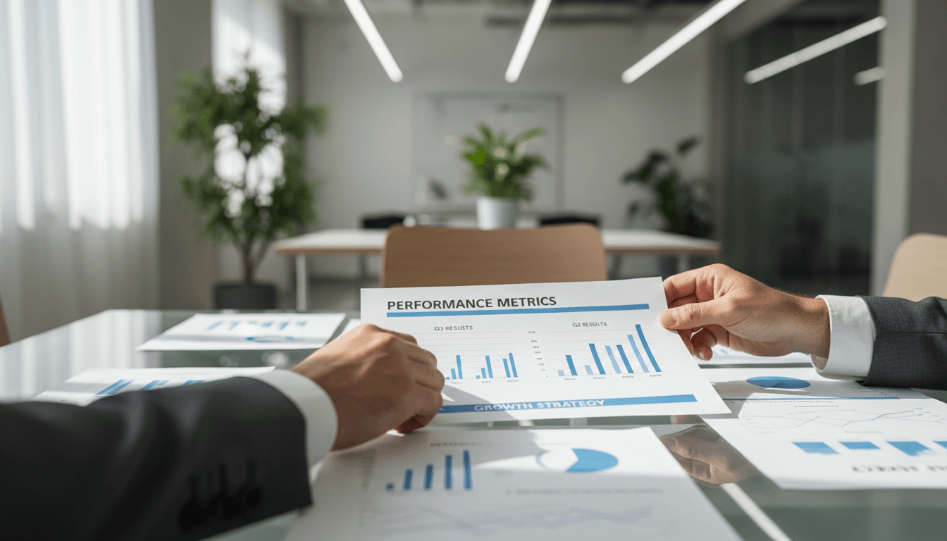 Business owner reviewing strategic plan documents in a bright modern office
