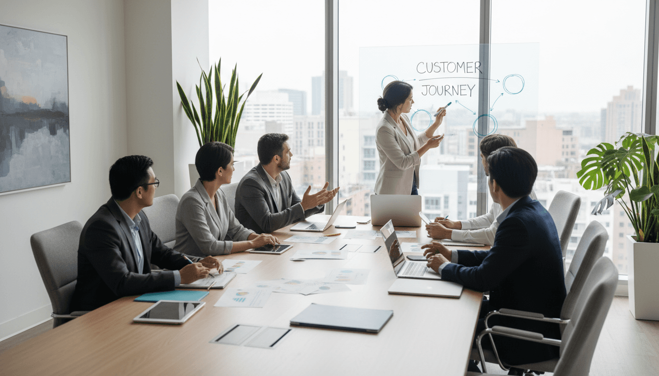 Business professional mapping workflow steps on a whiteboard in a bright strategy room
